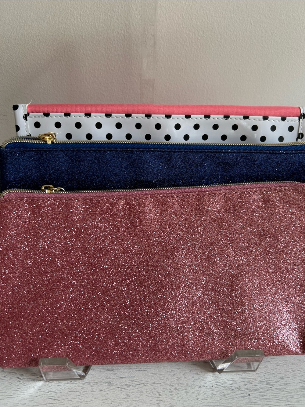 Lancome Pink Glitter, Navy & Polka Dot Cosmetic Pouch Trio